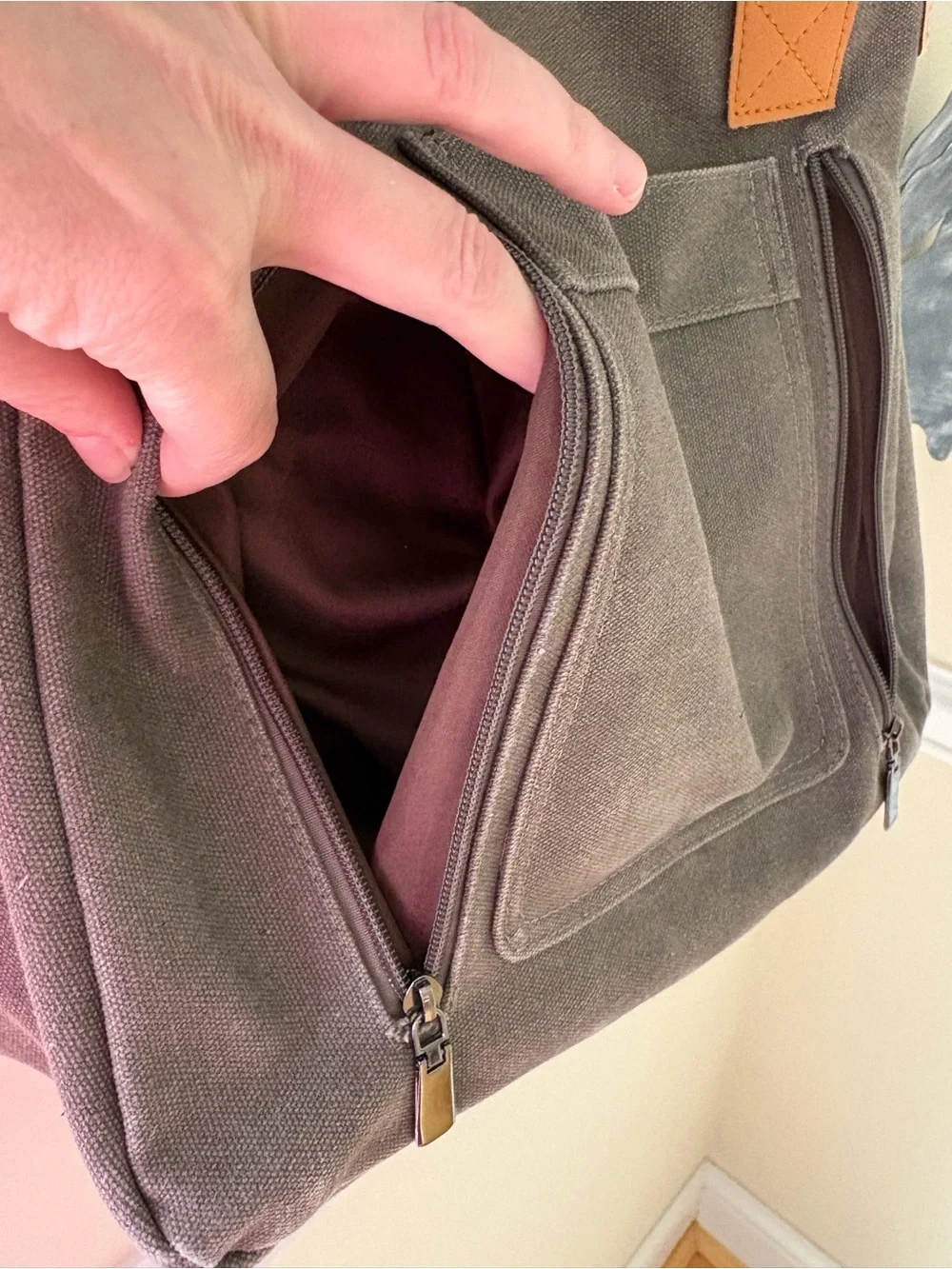 Canvas Tote Crossbody Bag in Gray with Brown Straps